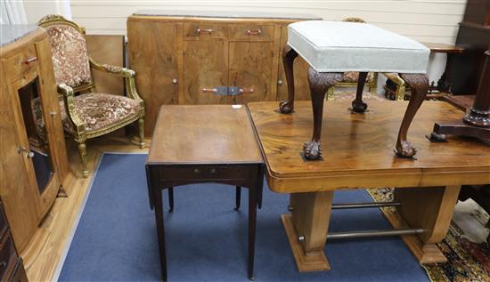 An Art Deco figured walnut sideboard with grey marble top and a matching side cabinet and table, W.5ft 3in. and 4ft 1in.